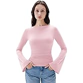 SUUKSESS Women Crew Neck Bell Sleeve Tops Double Lined Going Out Fitted Basic T Shirts