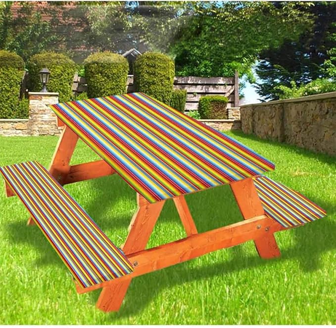 72" Polyester Elastic Edge Fitted Picnic Table Cover Set,Rainbow Colored Lines Geometrical