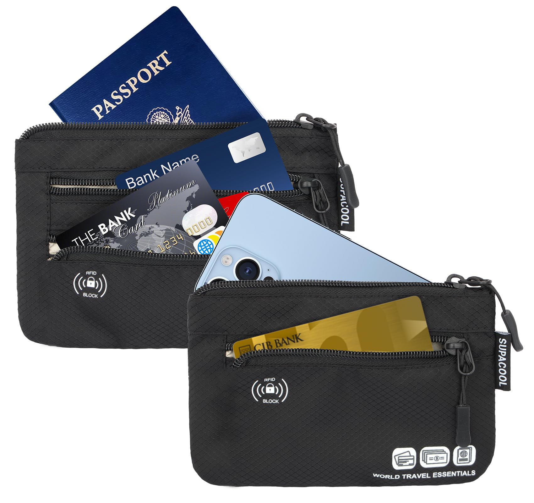 SUPACOOL Passport Holder Bag, Travel Wallet for Men Women Family, Passport Pouch, Card Holder Organizer, RFID Blocking, Two-piece Set(Black)
