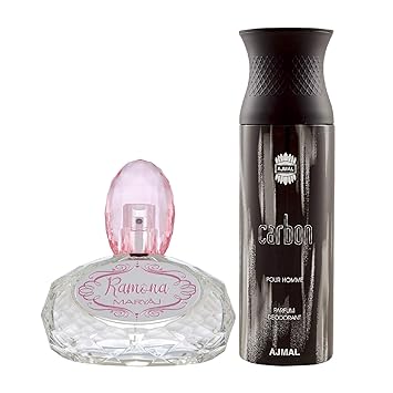 Maryaj Ramona Eau De Parfum Citrus Floral Perfume 100ml for Women and Ajmal Carbon Homme Deodorant Citrus Spicy Fragrance 200ml for Men + 2 Parfum Testers FREE