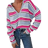 EVALESS Sweaters for Women Long Sleeve V Neck Striped Knit Drop Shoulder Fall Jumper 2025 Henley Pullover