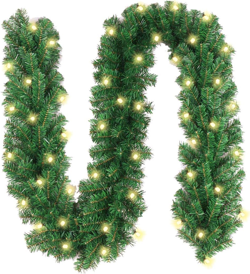 Wreaths, Garlands & Swags - 10Ft Pre-lit Christmas Garland with 50 LED Lights- Battery Operated String Light with Timer-Waterproof Lighted Outdoor Christmas Garland for Stairs Railing Mantle Fireplace Front Porch Decor-10 Foot