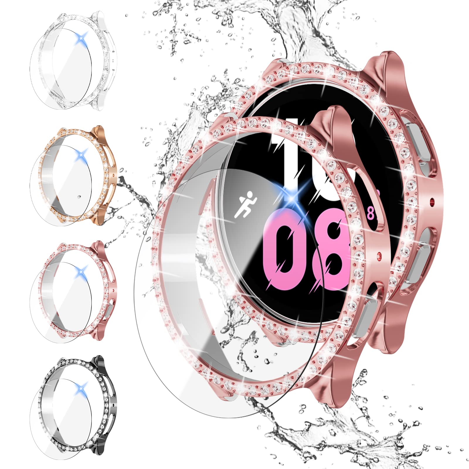Photo 1 of [4+4 Pack] Diamond Bling Case & Screen Protector 40mm for Galaxy Watch 5/4 - Anti-Fog Tempered Glass, Hard PC Cover, Women's Smartwatch Accessories