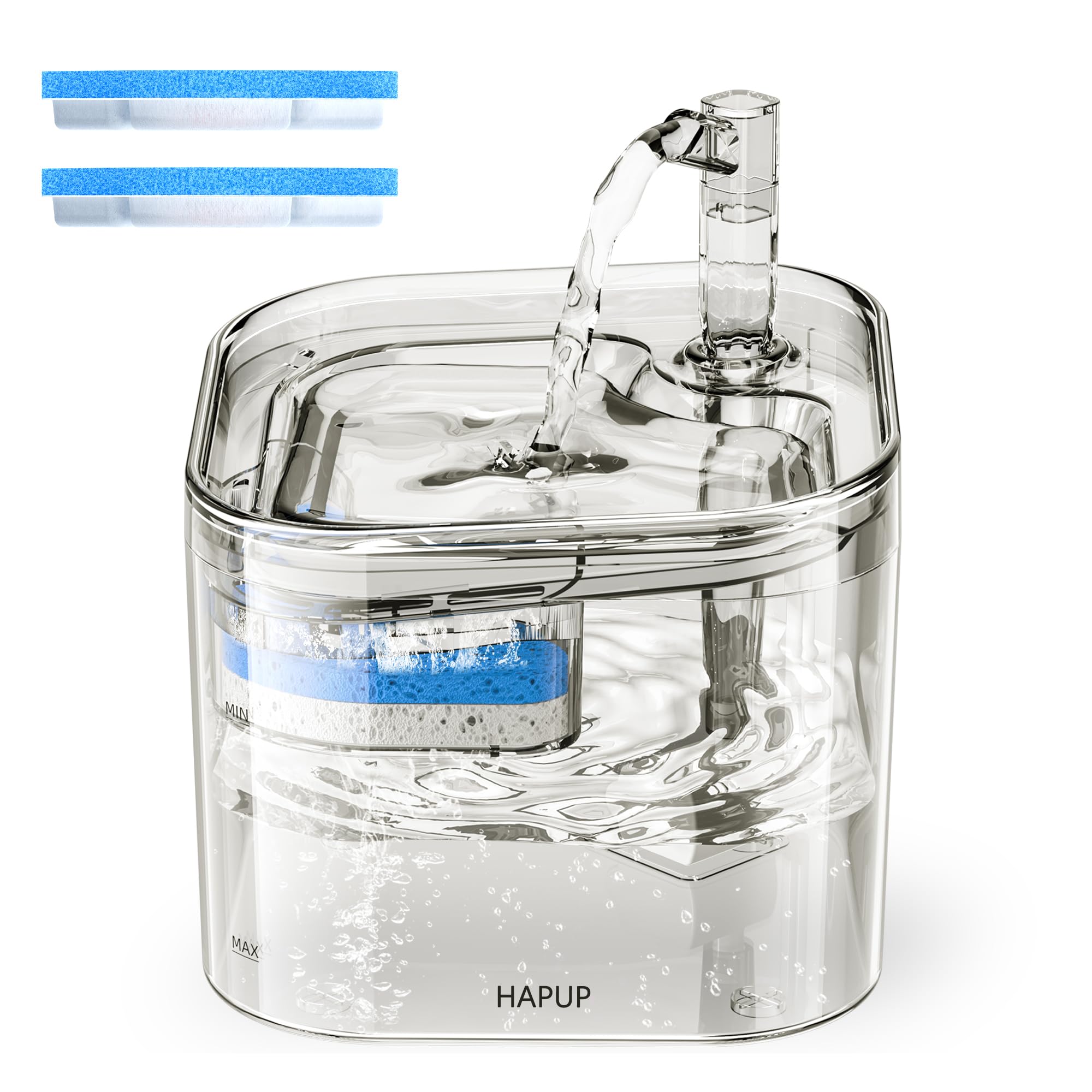 HAPUP Cat Water Fountain 2.2L Automatic Cat Fountain Square Pet Water Fountain Clear Upgraded Inside with Smart Pump Replacement Filters for Cats Puppy Animal Multiple Pets