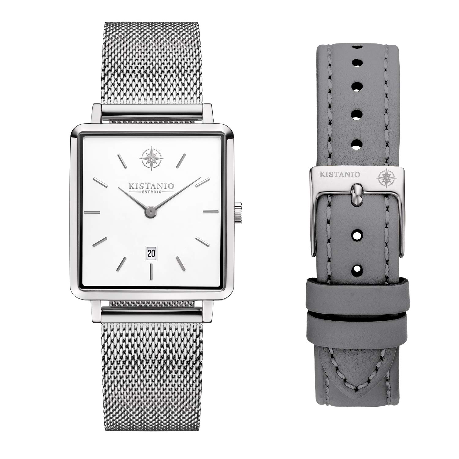 Kistanio Carre SI-WH-M-L-GR Women's Watch with Sapphire Glass and Milanese Strap + Extra Leather Strap