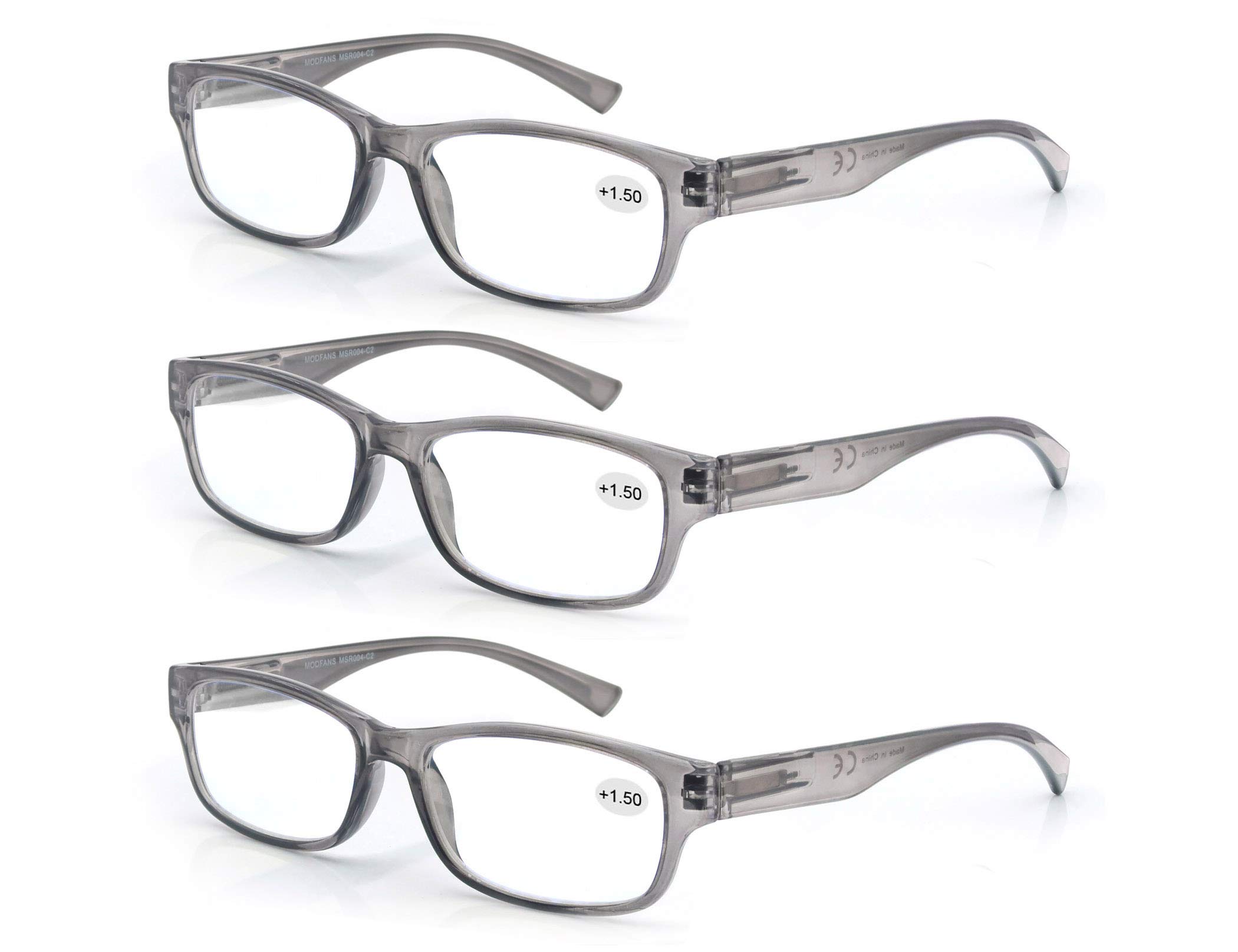 MODFANS Set of Reading Glasses 4.0 (3 Grey) with Spring Hinges Arms Vintage Retro Comfort for Men and Women