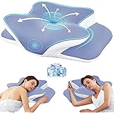 SHKJGS Cervical Neck Pillow for Neck Pain Relief & Support - Cooling Ergonomic Memory Foam Pillow with Dual-Height Contour & Ice Silk Cover for Side, Back, Stomach Sleepers, Blue