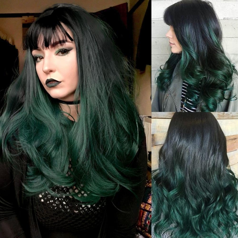 Salaibs Black Green Curly Womens Wig with Bangs Dark Root Long Wavy Hair Wig Cosplay Halloween Daliy Wigs