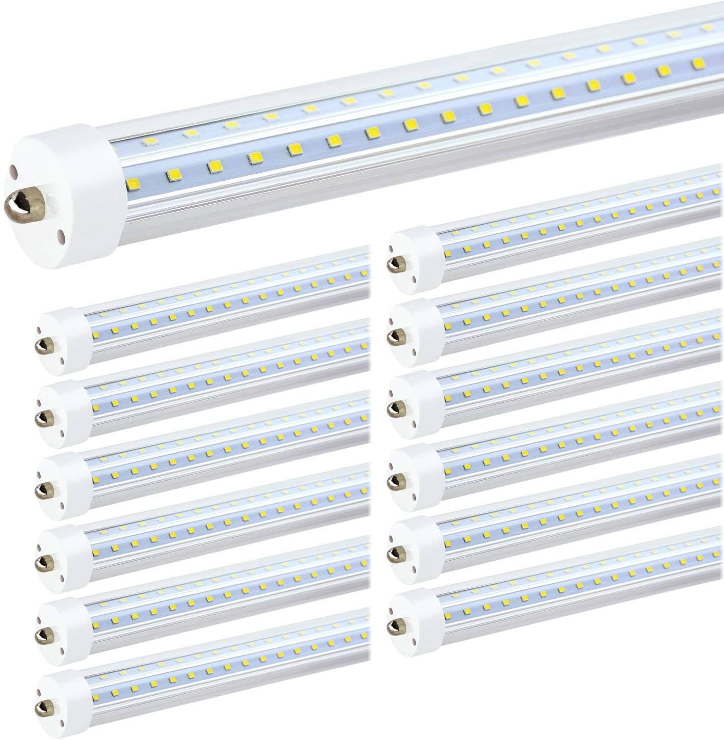 JESLED T8/T10/T12 8FT LED Tube Light, Single Pin FA8 Base, 50W 6000LM 5000K Daylight White, 270 Degree V Shaped LED Fluorescent Bulb (130W Replacement), Clear Cover, Dual-Ended Power (12-Pack)