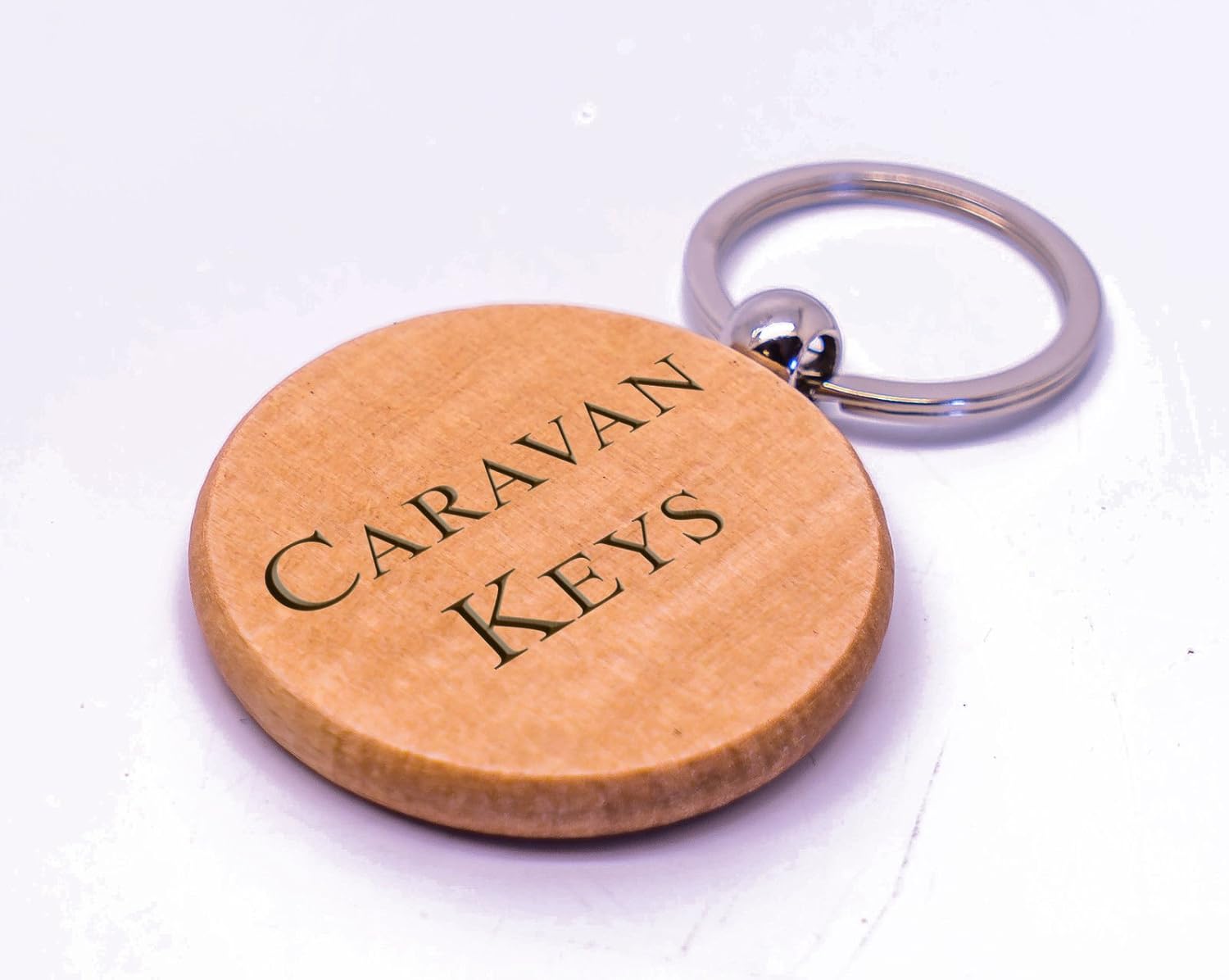 Personalised Round Caravan Keys Wooden Keyring, Laser Engraved With Any