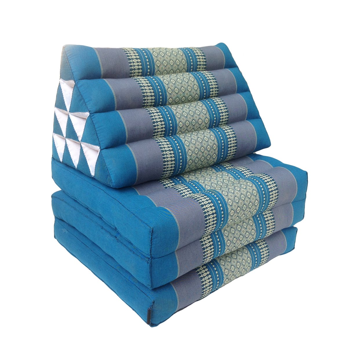 Traditional Thai Kapok 3 Fold Meditation Mattress with Oriental Style Triangle Recliner Cushion for Yoga Massage or Relaxation (Blue)