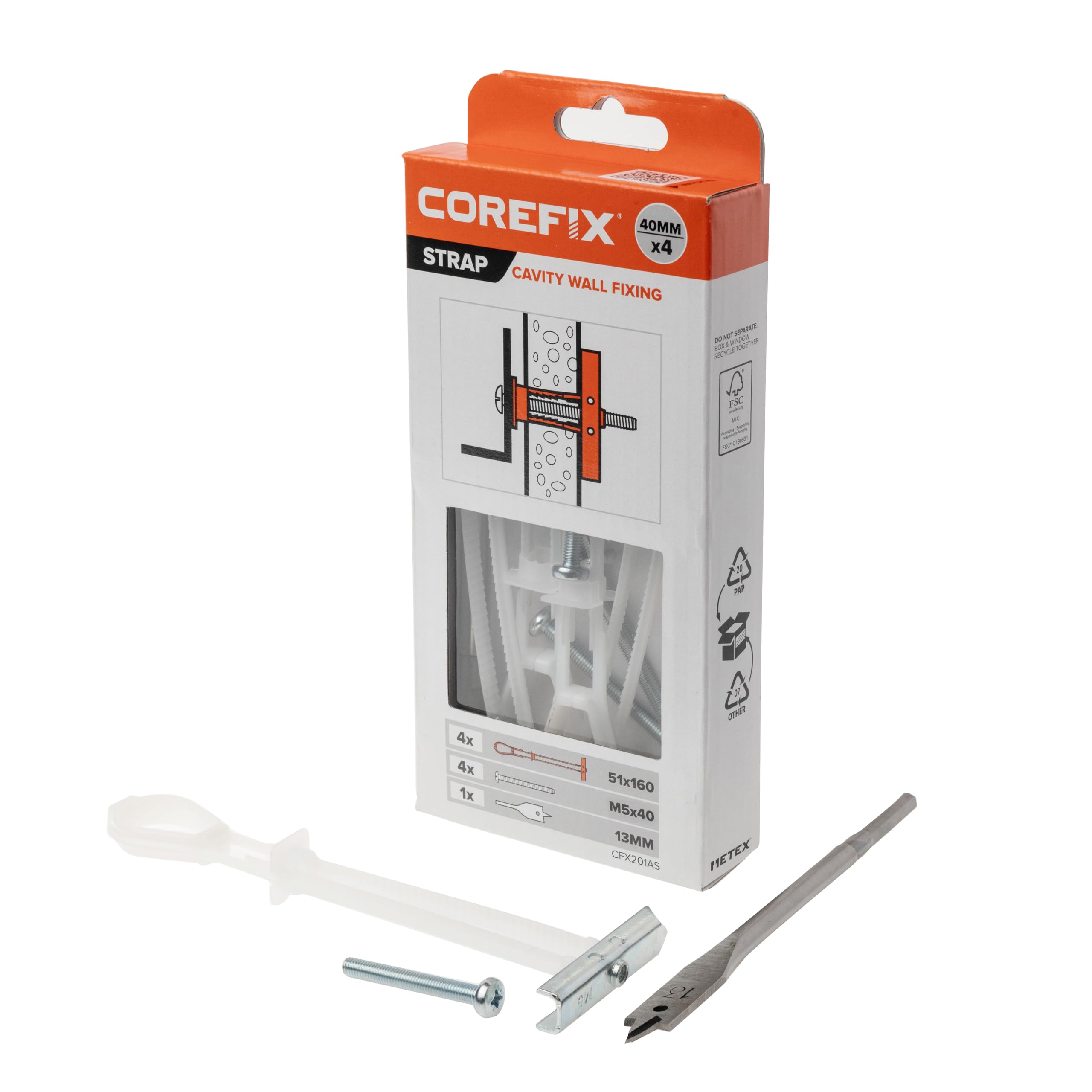 Corefix Strap Cavity Wall Fixing 4 Pack (M5x40mm), Heavy Duty Metal Universal Toggle for Plasterboard, Hollow Brick or Block. Secure Hold, Easy to Install & Adjustable Up to 30mm Deep.