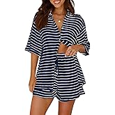 FreeCute Striped Sets Women 2 Piece Outfits Button Down Shirt and Shorts Waffle Knit Lounge Set Matching Pajamas
