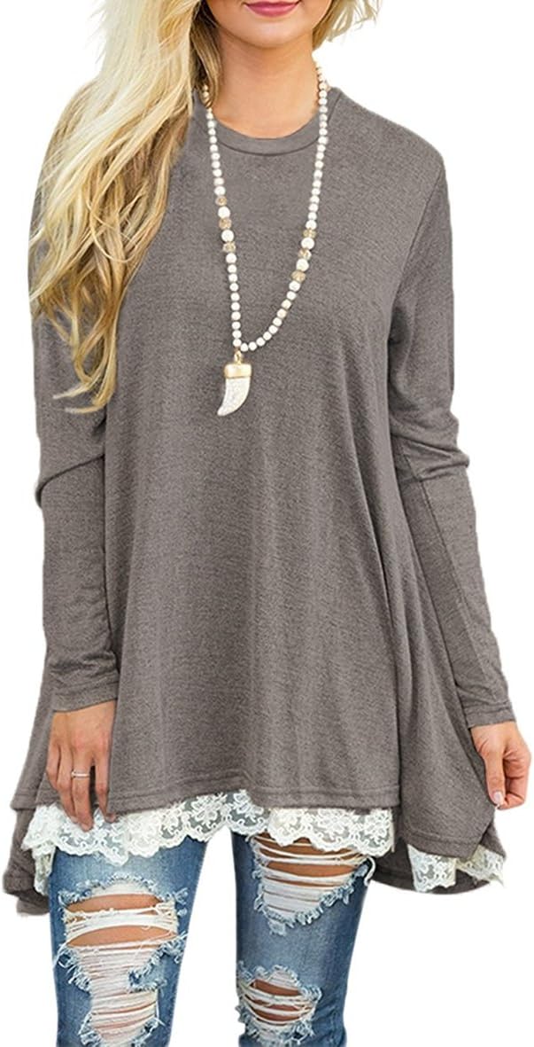 WEKILI Women's Tops Long Sleeve Lace Scoop Neck A-line Tunic Blouse