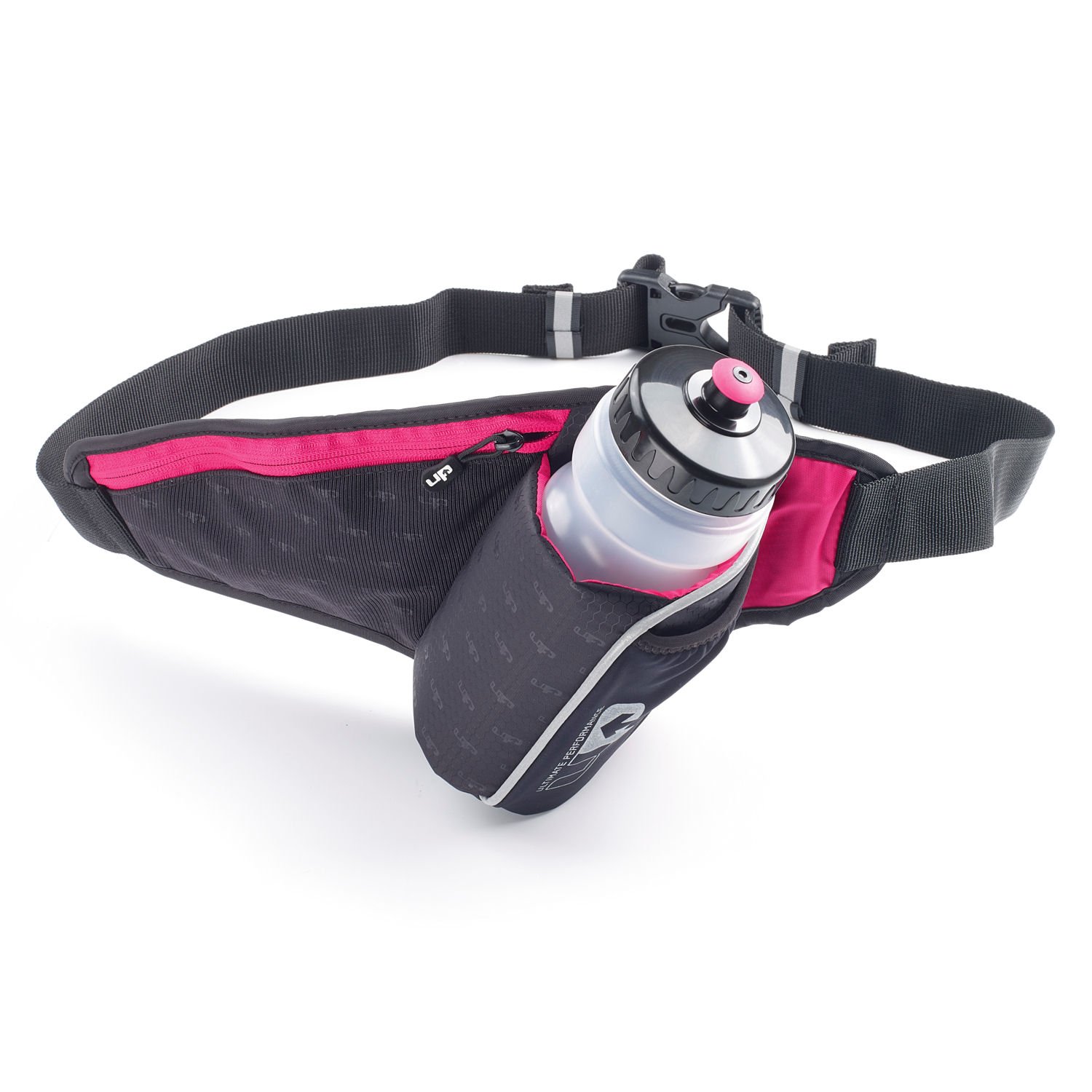 Ultimate Performance UP Ribble II 650ml Hip Bottle & Holster Hydration Belt Insulated angled bottle holder easy access belt Fits 26"-42" waist large zipped pocket fits smart phone pink