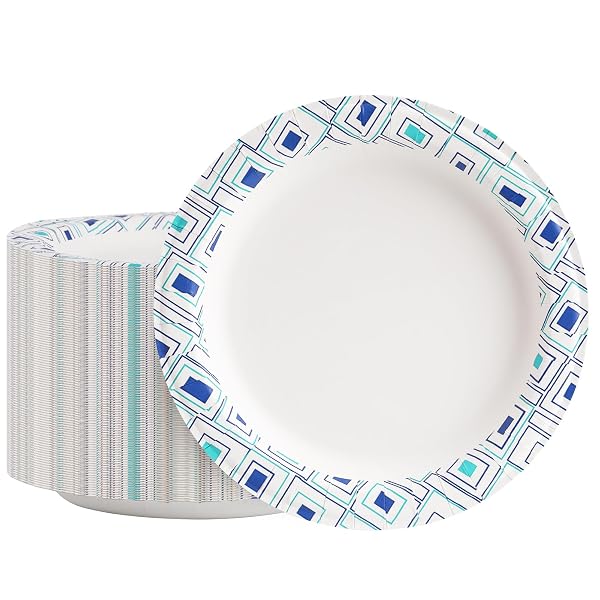 LAMOSI 10 INCH DISPOSABLE PAPER PLATES 140 PACK, PRINTED LARGE PAPER PLATES SOAK AND CUT PROOF FOR PICNIC, PARTY AND DAILY USE