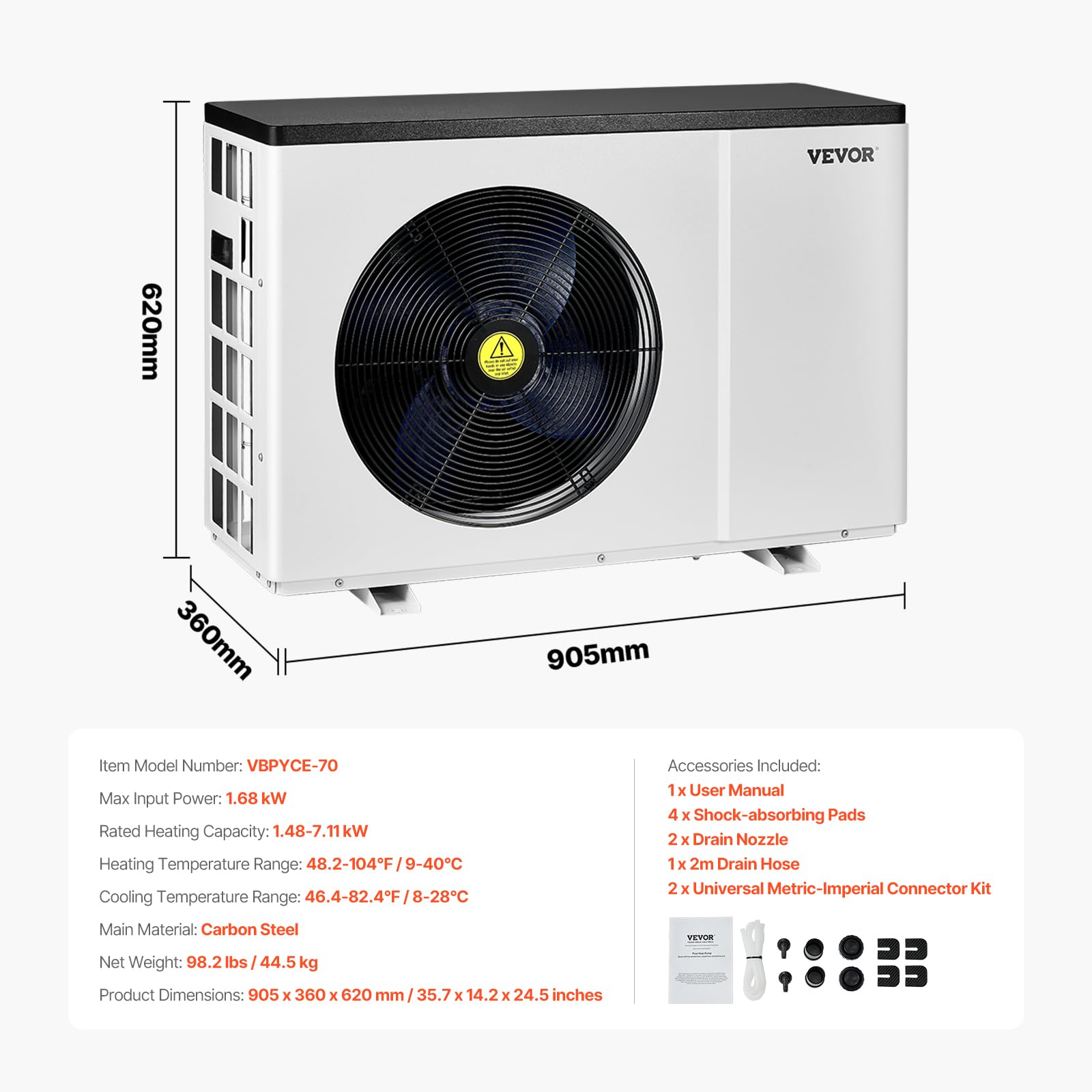 VEVOR Elektrische Pool-Wärmepumpe, 1,48–7,11 kW Heizleistung, energiesparende Poolheizungen mit Variabler Frequenz für 15–30 m³ Aufstellpools, Heiz- und Kühlpool-Warmwasserbereiter 7