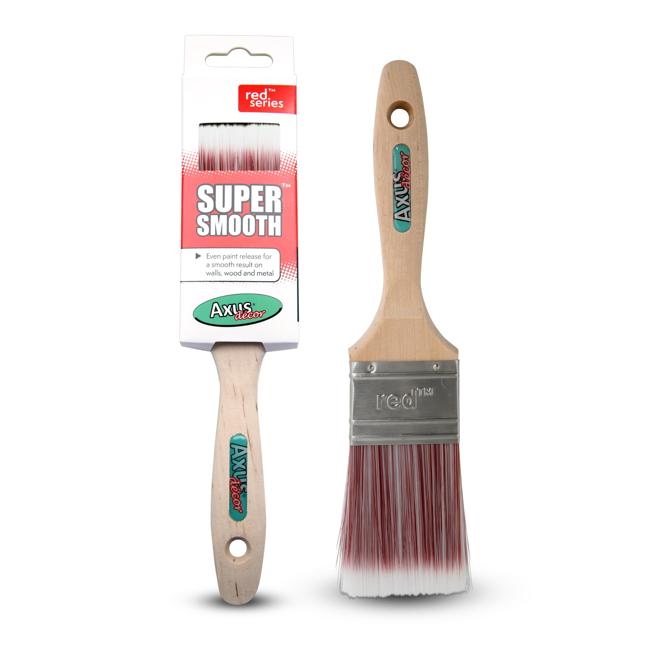 Axus Décor Super Smooth Finish (Red Color) Paint Brush - For All Paints, Unvarnished, Hardwood, Beaver Tail handle, Rust-Resistant Stainless Steel Ferrule, Synthetic Filaments - 2"/50mm