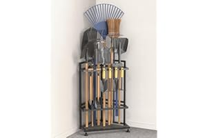 Lovind Garden Tool Organizer for Corner,Metal Yard Tool Organizer for Long-Handled Tools/Rakes/Brooms,Side Garden Pocket,Heavy Duty Steel Yard Tool Storage Rack for Garage,Shed, Outdoor