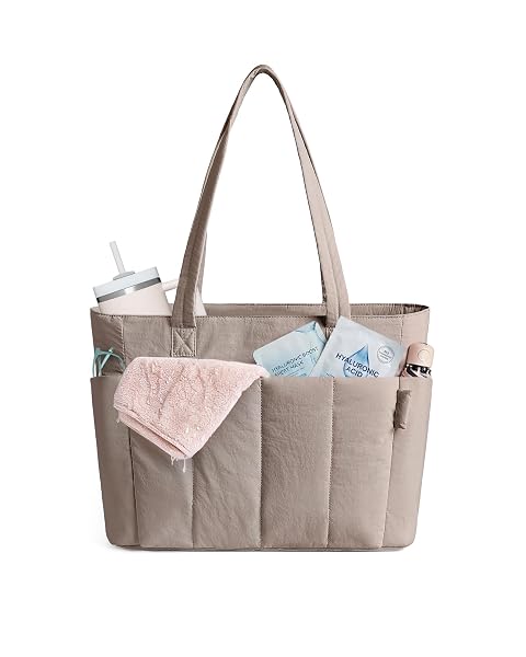 HOMEMEDIARY TOTE BAG FOR WOMEN, PUFFER QUILTED LIGHTWEIGHT SHOULDER BAG, PUFFY TRAVEL WORK GYM HANDBAG WITH WET DRY POCKET