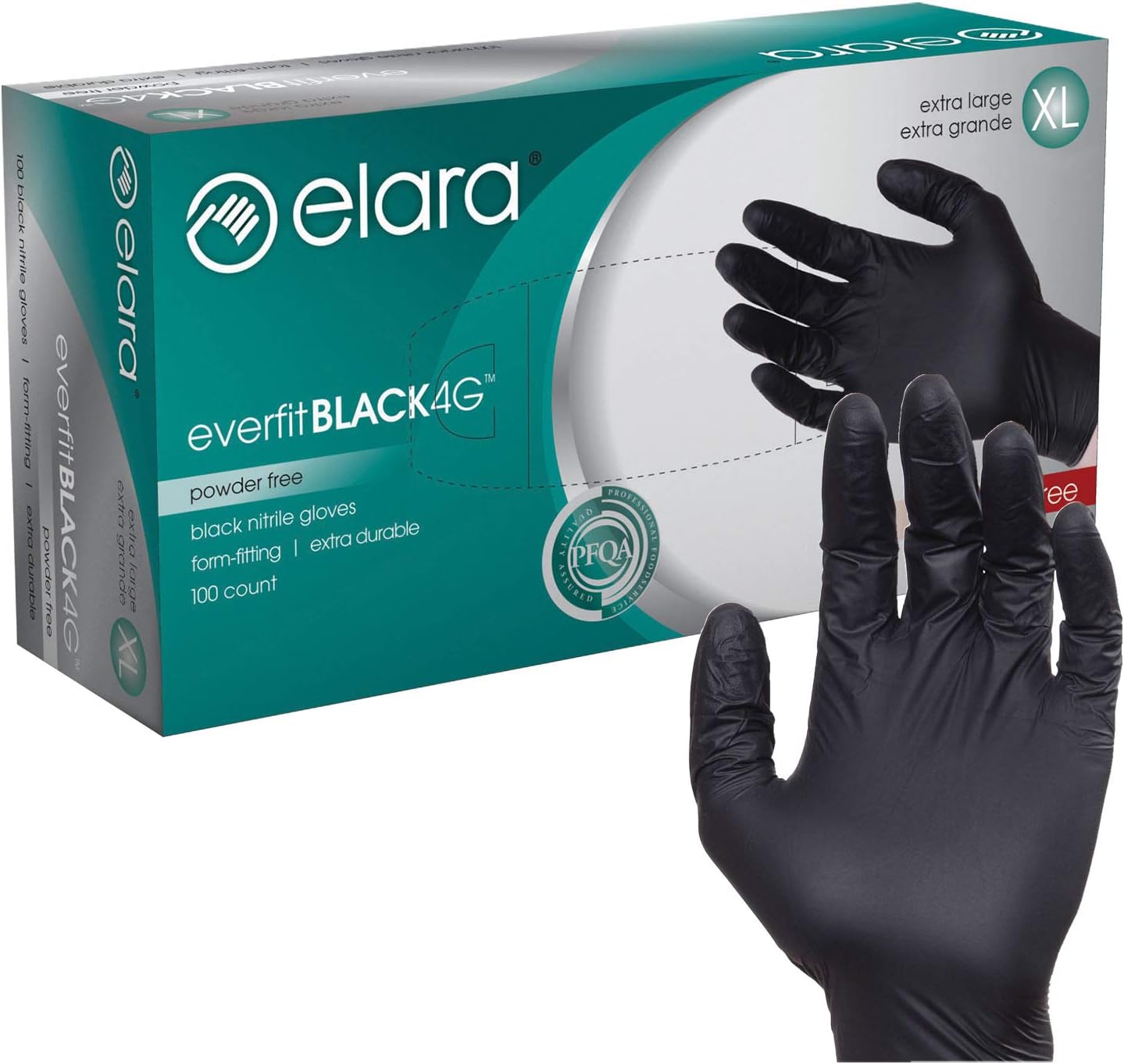 Elara EverfitBLACK4G Nitrile Disposable Gloves, 4 mil, Black, Powder Free, Food Safe, Non-Latex, Size X-Large, Box of 100 (FNE404BK-100)