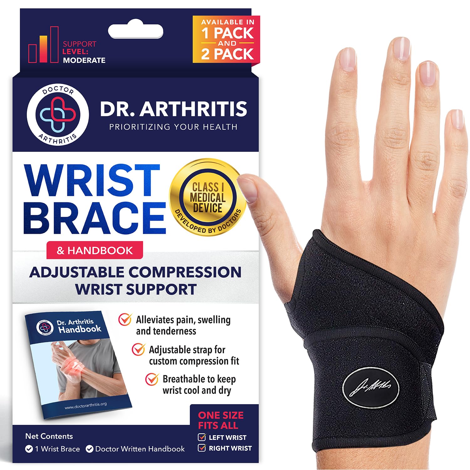 Doctor Developed Wrist Supports - For carpal tunnel, wrist injuries, arthritis, hand support - Wrist brace and Wrist Strap with Handbook (Single)