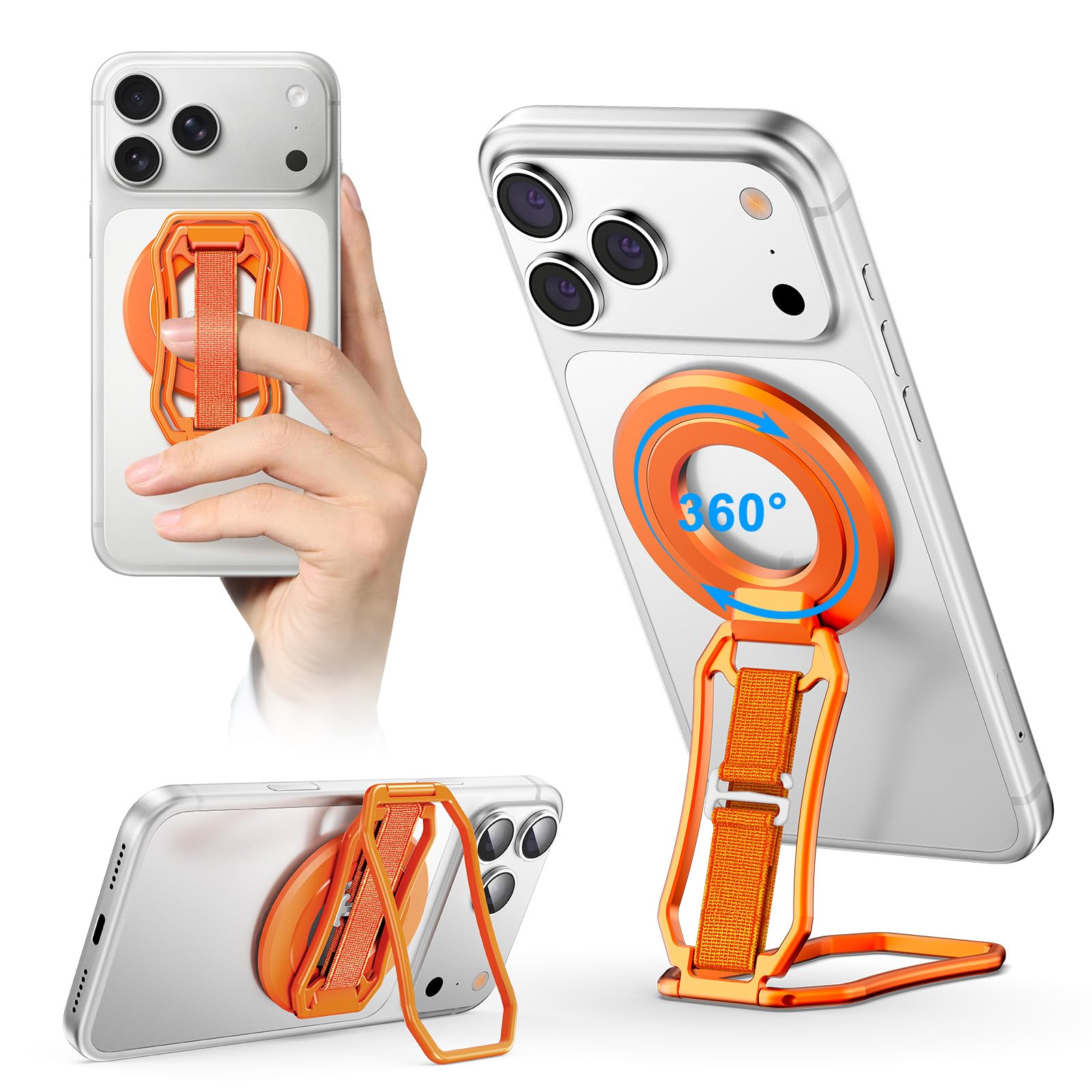 Oerwin for Magsafe Phone Grip Stand, 6-in-1 Magnetic Phone Holder for Magsafe Kickstand, 360° Rotation Phone Ring Holder with Elastic Strap, Compatible with iPhone 17/16/15/14/13/12 Series & Android