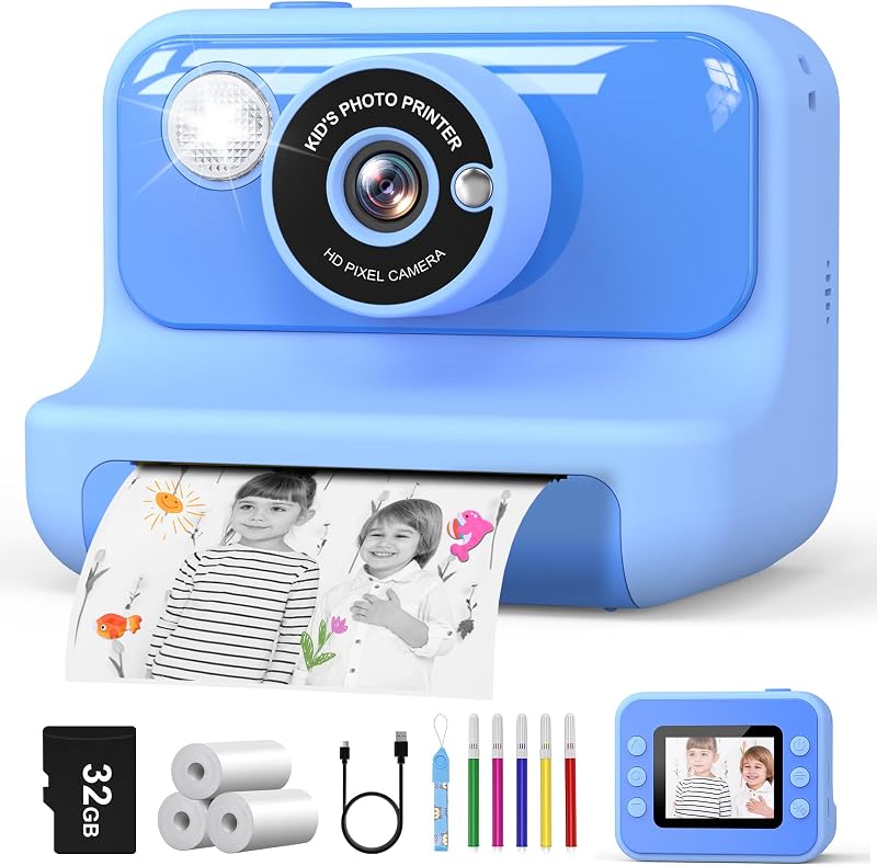 Hangrui Kids Camera Instant Print 2.4 inch 1080P 32GB Card Blue