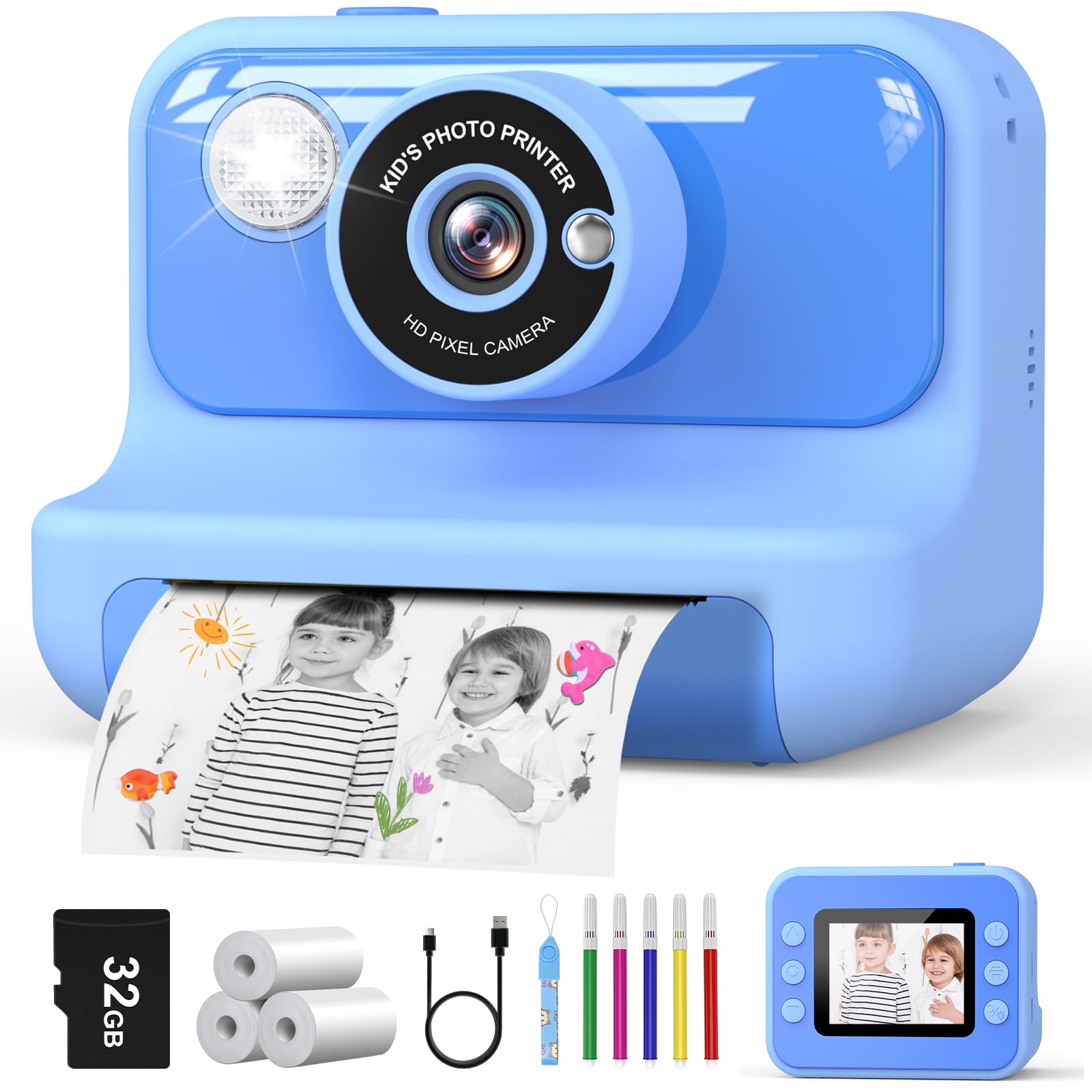 Hangrui Kids Camera Instant Print, 2.4'' Instant Camera for Kids, 1080P Children Cameras with 32GB Card & 3 Rolls Photo Paper, Christmas Birthday Gifts Toys for Girls & Boys Aged 3-12 -Blue — image 1