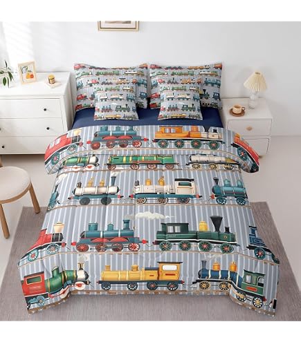 Feelyou Kids Train Fitted Sheet Set - Queen Size Buffalo Check Orange Plaid - Retro Steam Engine Bedding - View #13