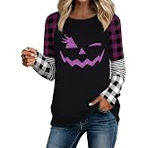 TZOUZU Halloween Long Sleeve Shirts for Women Fall Thanksgiving Tshirt | Color Block,Funny Graphic Tee Tops Crewneck,Plaid,Raglan,Casual