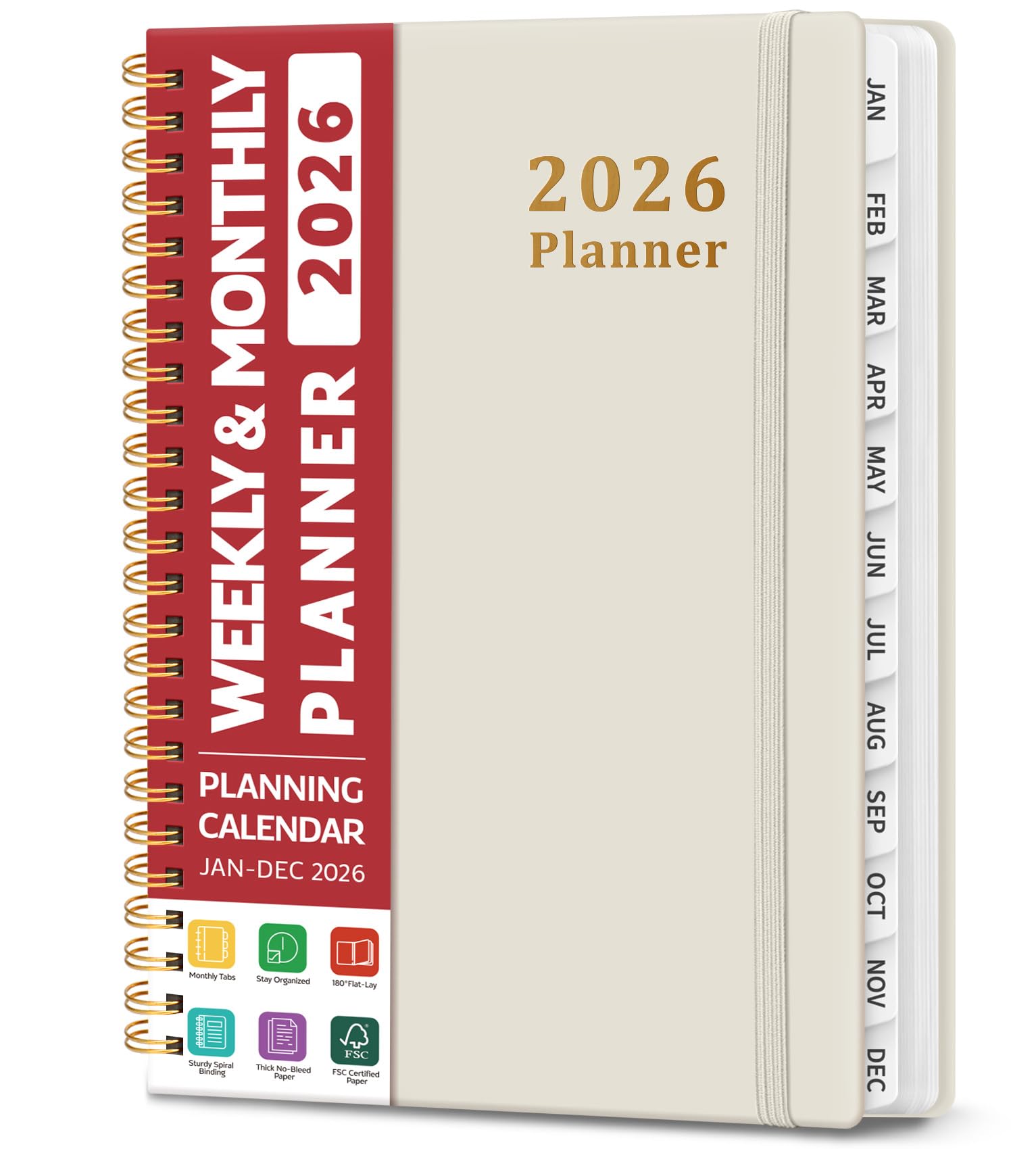 Photo 1 of 2026 Planner, Weekly and Monthly Calendar Planner, January 2026 - December 2026, Hardcover 2026 Calendar Book with Tabs For Women & Men, Inner Pocket, Spiral Bound, Perfect for Office Home School Supplies - A5 (6.3" x 8.5"), Gray