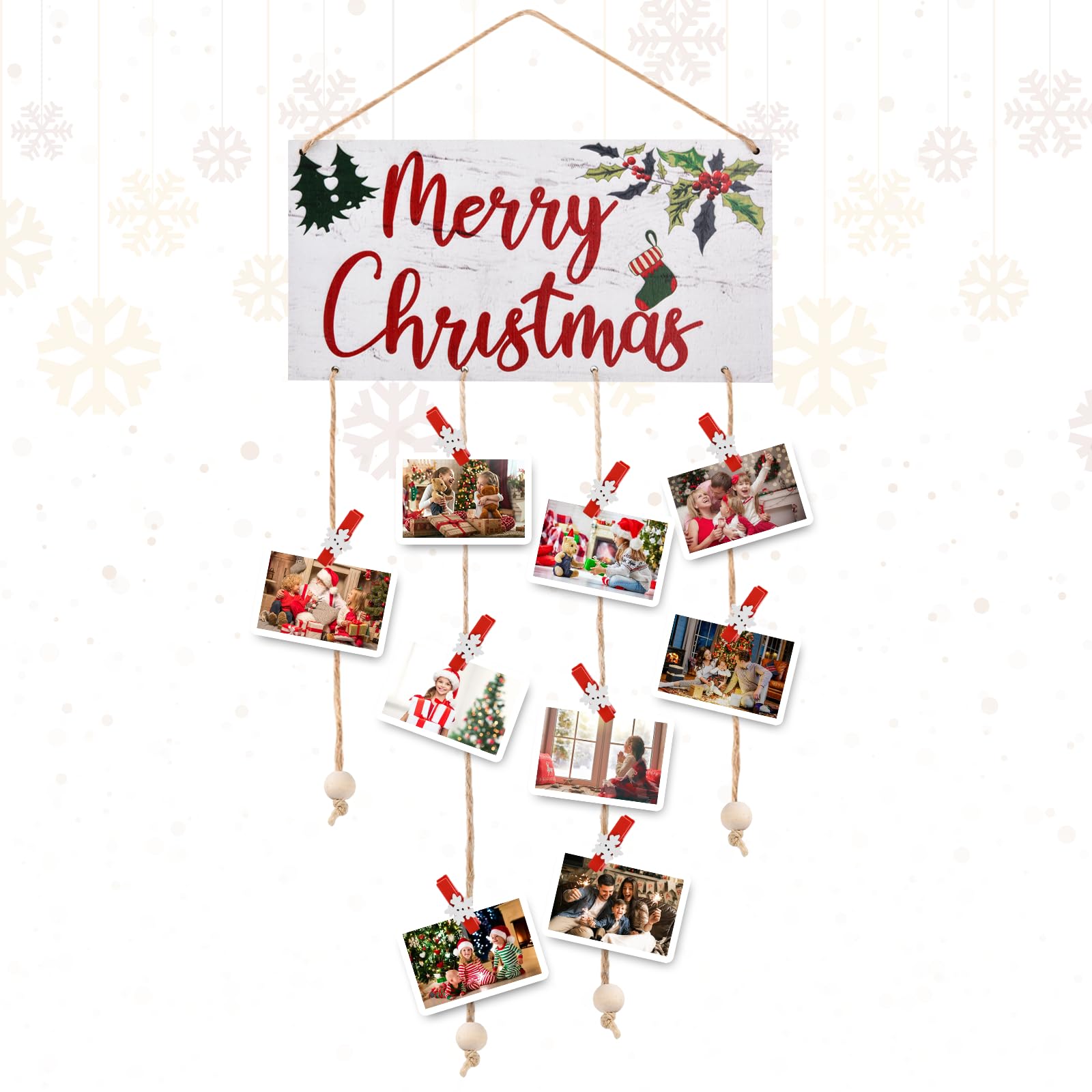Ychelhr Wooden Christmas Card Holder Wall Display Merry Christmas Hanging Picture Holder with 30 Snowflake Wooden Clips for Holiday Décor - Rustic Home Office Wall Decor (White)