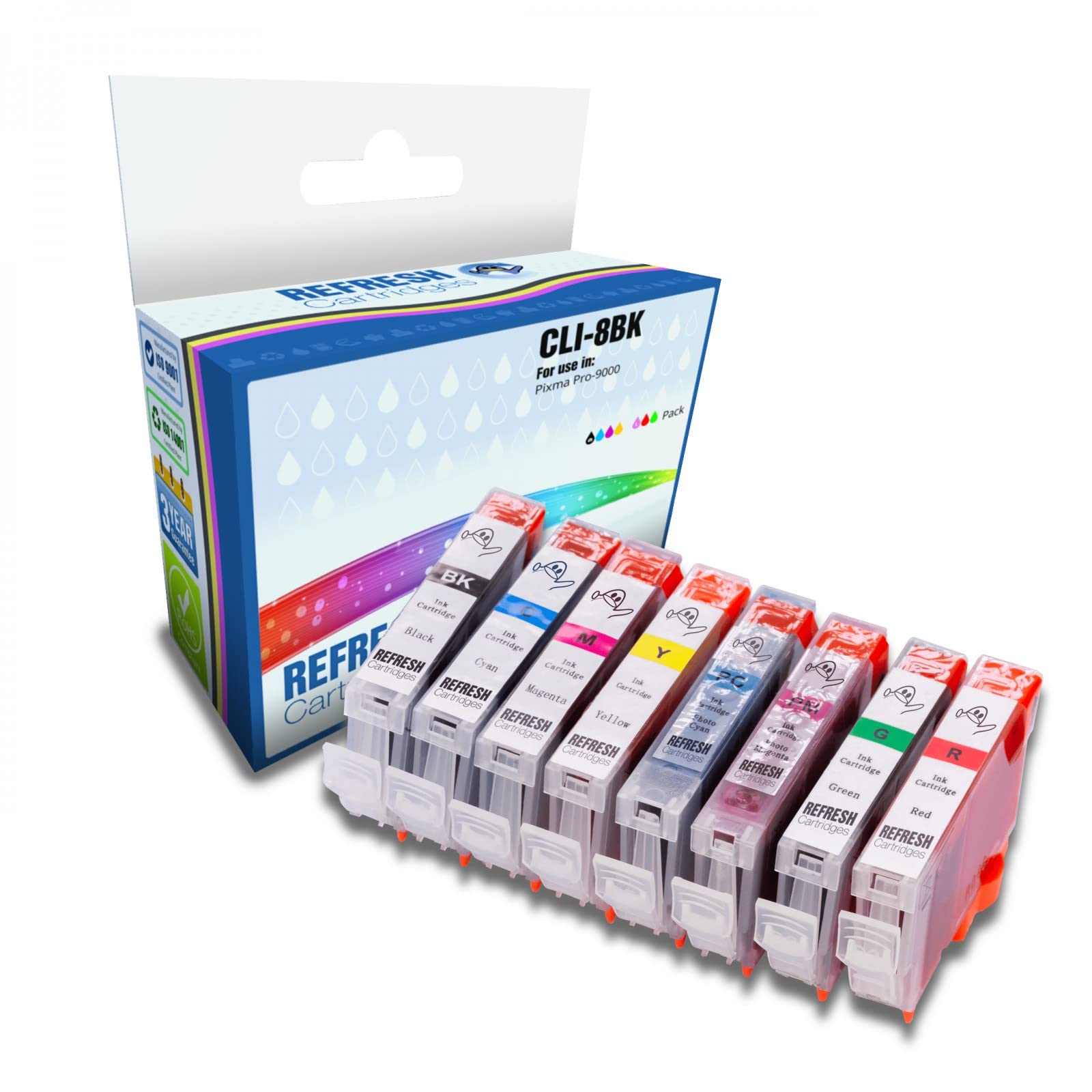 Refresh Cartridges Full Set of 8 Compatible Ink Cartridge Replacements for Canon Pixma Pro 9000 Mark II/Pro 9000 / CLI-8 (Multi-Colour)