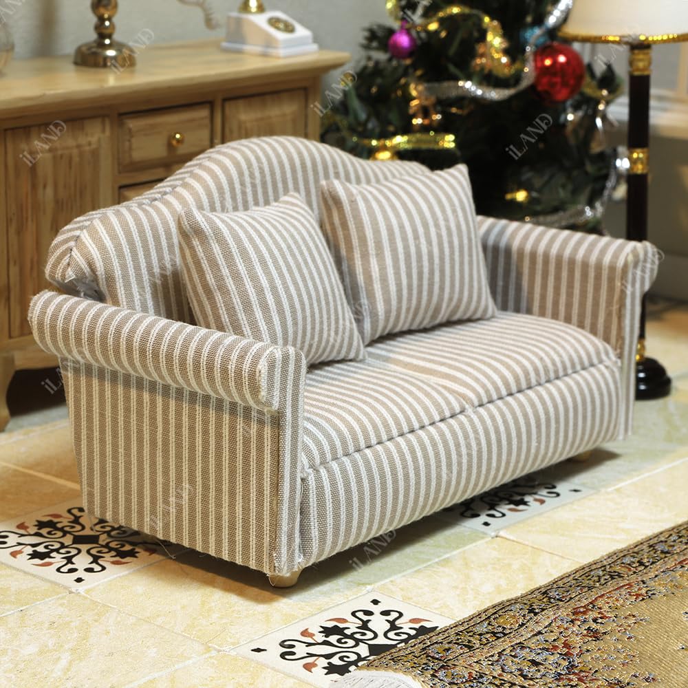 iLAND Miniature Wooden Dollhouse Furniture Set: Sofa, Cabinets, Coffee Table for Dollhouse Living Room (Classic Doll Furniture 7pcs)