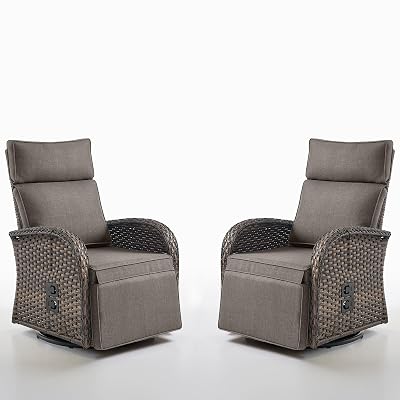Swivel Outdoor Recliner Chair Set of 2 - Reclining Patio Chair with Adjustable Backrest and Footrest, All-Weather Wicker Chaise Lounge Chair Outdoor for Pool Deck (Upgraded 2.0)