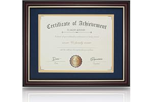 ELSKER&HOME 8.5x11 Document Frame - Matte Reddish Brown Wood Color Frame - Made for Certificates Sized 8.5x11 Inch with Mat and 11x14 Inch Without Mat (Double Mat, Navy with Golden Rim)
