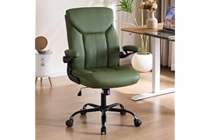 JOYNET Office Chair, Ergonomic Computer Chair with Flip-up Arms Home Desk Chairs Comfy PU Leather Executive Mid Back Support Adjustable Height Tilt Lock Swivel Rolling Wheels, Green