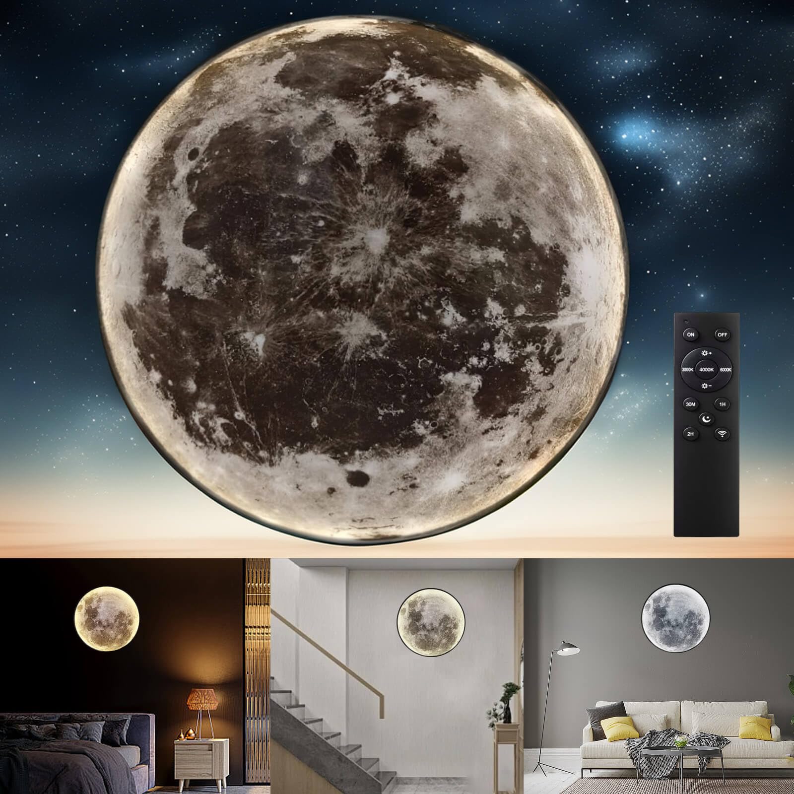 Photo 1 of Dimmable Moon Wall Lamp, Rechargeable Battery Operated Wall Sconce Moon Lights with Remote, 3 Color Indoor Wall Mounted Lighting Ceiling Light for Living Room Bedroom Hallway Birthday Gift - 12 inch