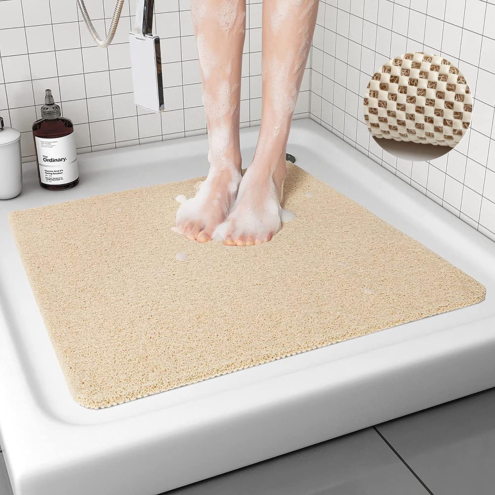 Shower Mat Non Slip Anti Mould: Bath Mats for Inside Bath- 53 x 53 cm Anti Slip Shower Mats for Inside Shower- Loofah Shower Mat Beige Square Washable Shower Matt for Elderly Wet Room Quick Dry