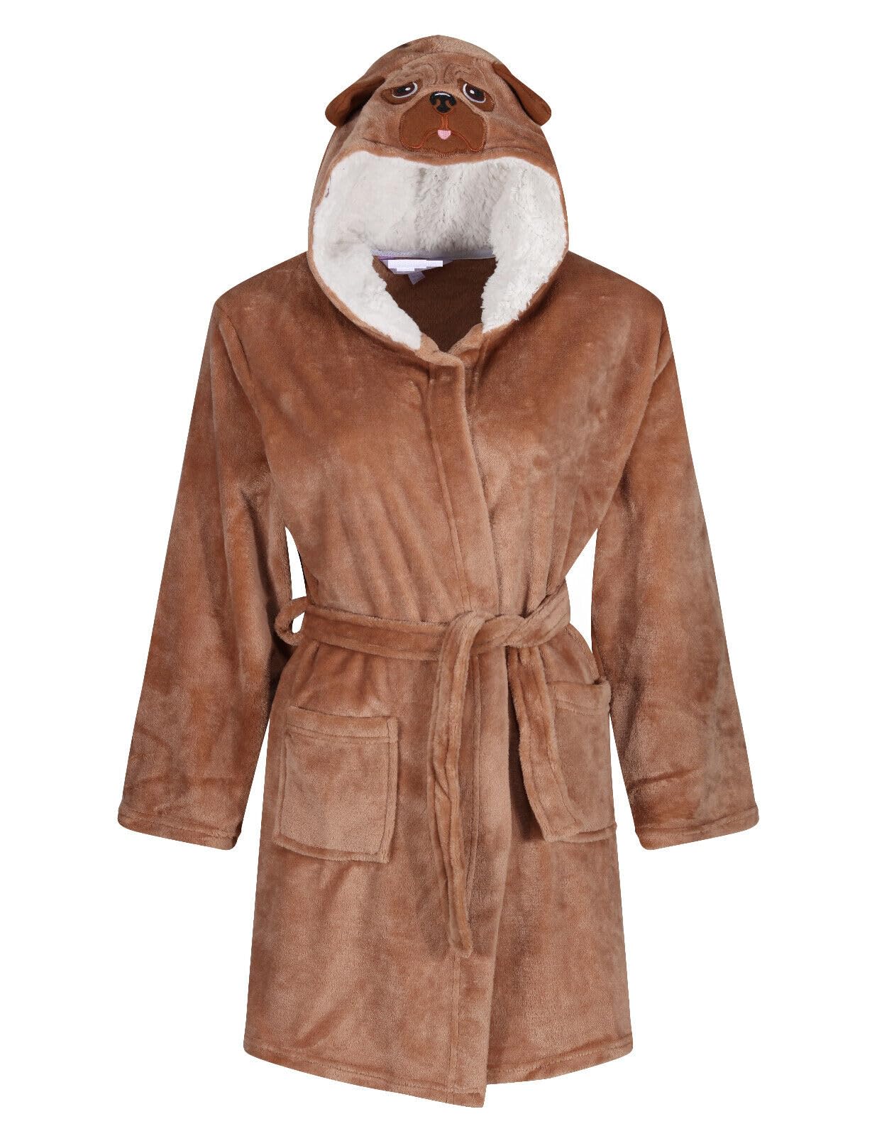 Ex UK Store Girls Dressing Gown Puppy Dog Novelty Hood Soft Luxury Plush Nightwear 7 to 13 Years (Pug 11/12y)