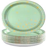 50Pcs Sage Green Oval Paper Plates 10" x 12" Large Disposable Sage Green and Gold Party Supplies Dessert Paper Plates Gold Dot Light Green Platter for Baby Shower Birthday Wedding Party Decorations