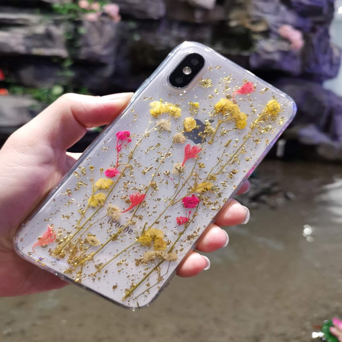 Real Flower Case for iPhone XR, Elegant Feibili Soft Silicone iPhone XR Cover with Handmade Pressed Dried Flowers, Transparent Ultra-Thin Ultra-Light Skin for iPhone XR (B-007)