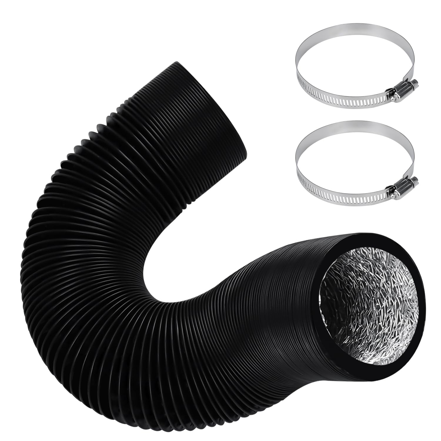 Dryer Vent Hose, 75mm Aluminium Vent Tubing, 2.5m Aluminium PVC Ventilation Air Ducting, Flexible Ventilation Duct Black 4 Layer HVAC Ventilation Air Hose with 2 Stainless Steel Clamps