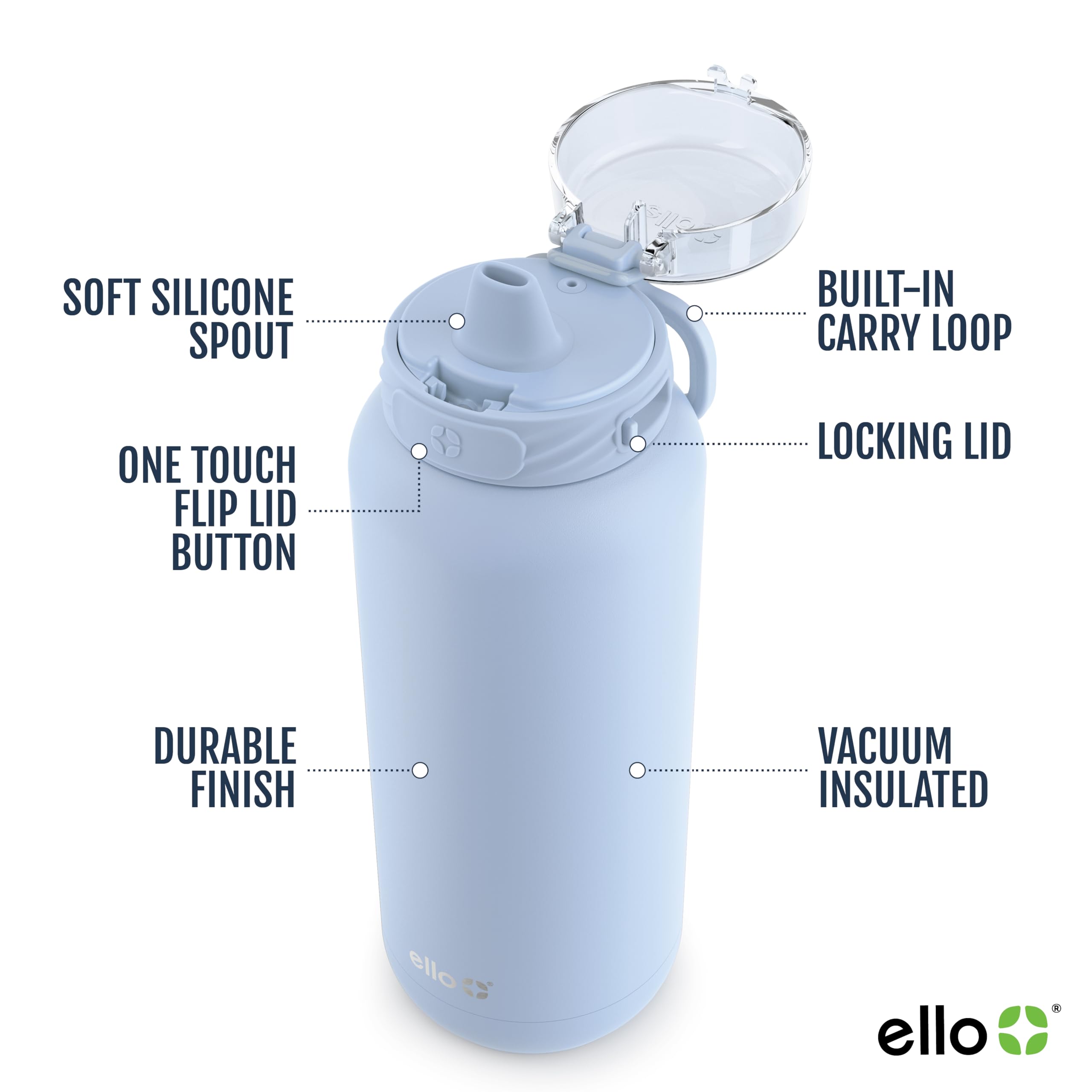 Ello Cooper 18oz Kids Stainless Steel Water Bottle with Straw and Carry Handle, Double Walled and Vacuum Insulated Metal, Leak Proof Locking Lid with Soft Silicone Spout, BPA Free, Halogen Blue