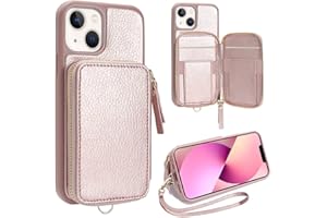 ZVE for iPhone 13 Wallet Case with Card Holder, Zipper Leather Case with Wrist Strap, Handbag RFID Blocking Case Protective Cover for Women for iPhone 13 6.1" (2021) - Rose Gold