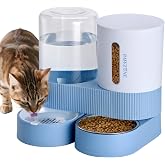 Automatic Cat Feeder Stainless Steel Water Dispenser Gravity Food Feeder and Waterer Set with Pet Food Bowl for Small Medium Kitten Puppy Pets Large Capacity(Blue)