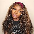 Bellarayine Headband Wig Deep Wave 10 Inch Glueless Human Hair Wigs Machine Made No Lace Curly Hair Wigs Brazilian Human Hair Wigs Deep Curly Wave Headband Wig 4/27 Highlight