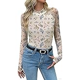 Mesh Long Sleeve Shirts for Women See Through Graphic Tees Sexy Costumes Y2k Mock Christmas Party Outfits Western Rodeo Tops