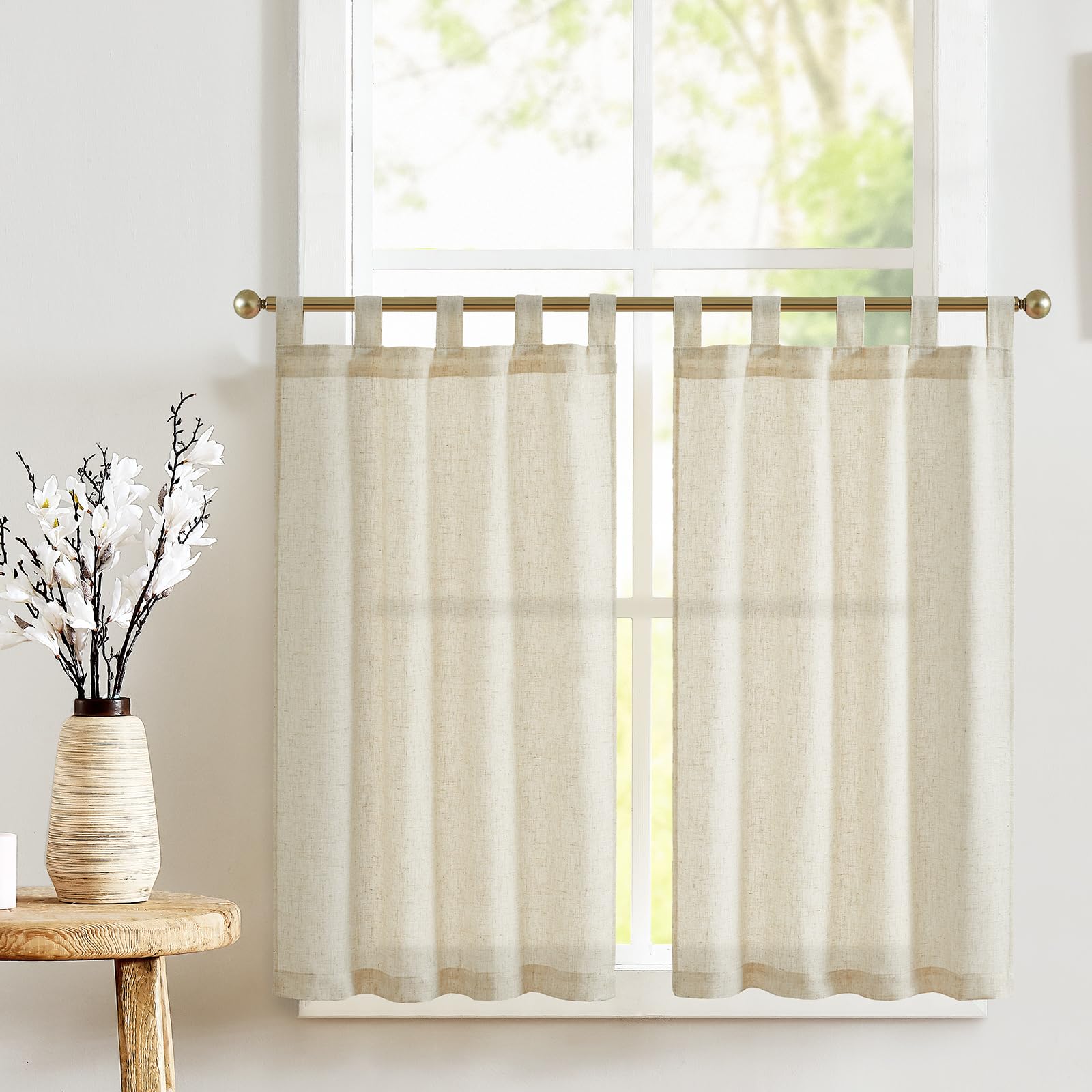 TOPICK Kitchen Curtains 24 Inch Length Linen Textured Bathroom Window Curtains Short Cafe Curtains for Small Window Treatment 2 Panels Crude